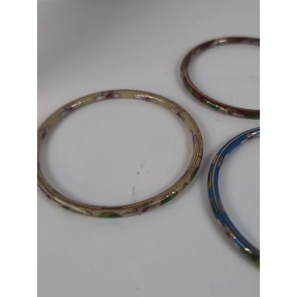 Cloisonné Bangles Bracelet Set of 3 Floral Metal Enamel Jewelry Vintage Retro